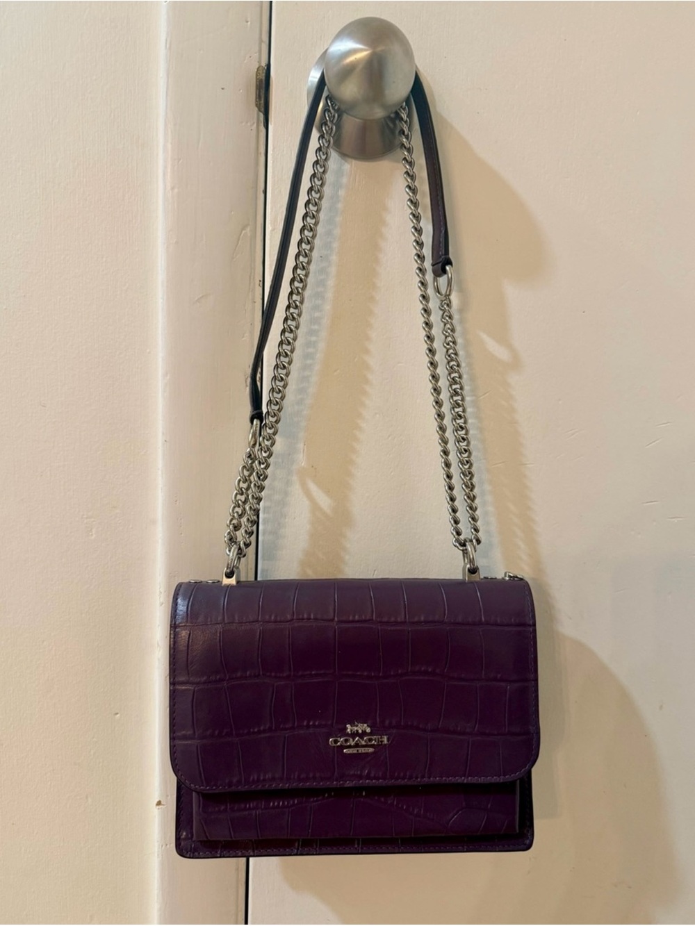 Coach Purple Croc Embossed Leather Chain Shoulder Crossbody Bag Silver